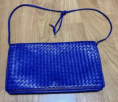 Vintage Charles Jourdan Cobalt Blue Woven Leather Flap Crossbody Bag • $165