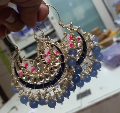 Bollywood Style Indian Kundan Enameled Blue Bali Hoop Earrings Jewelry Set • $29.99