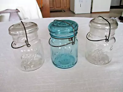 Lot Of 3 Ball Mason Pint Jars Glass Lids With Bails 1 Blue 2 Clear Ideal • $15.95