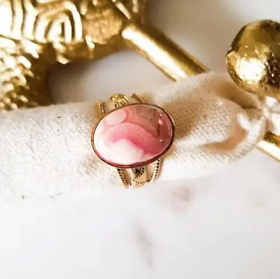 Pink Rhodochrosite Crystal Gemstone Ring 24K Gold Plated 3 Bands Chakra Healing • £43.20