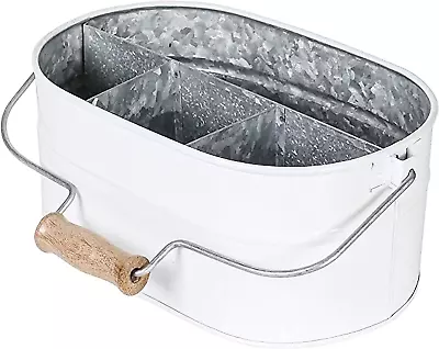 Galvanized Utensil Caddy With Wooden Handle For Kitchen Counter Silverware Orga • $36.99