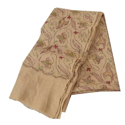 Sanskriti Vintage Cream Woolen Shawl Hand Embroidered Kantha Work Stole Scarf • $52