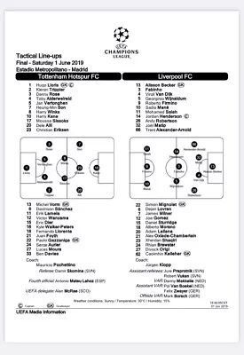 £3.99 • Buy RARE Official Tottenham V Liverpool 2019 Champions League Final Team Sheet