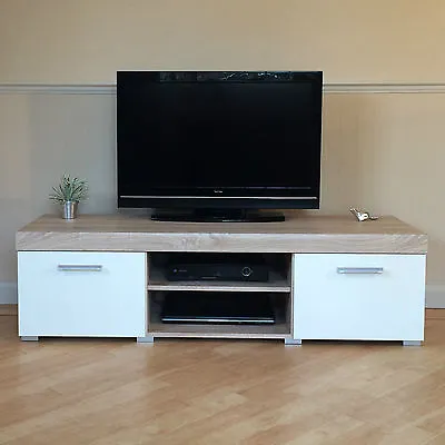 £99.95 • Buy White & Sonoma Oak Effect 2 Door TV Cabinet Plasma Low Bench Stand 140cm Unit