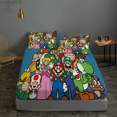 Super Mario Bedding Set 3PCS Fitted Sheet Deep Pocket Bed Sheet Two Pillowcases • $55.09