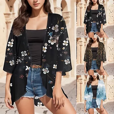 Womens Floral Print Puff Sleeve Kimono Cardigan Loose Cover Up Casual Shirt Top • $24.95