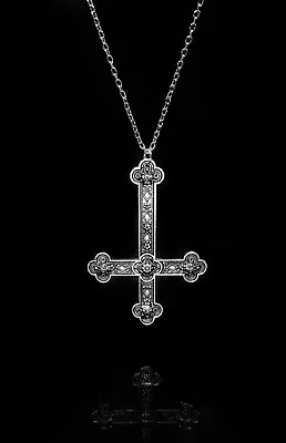 Large Upside Down Gothic Silver Cross Pendant Necklace • £16.98