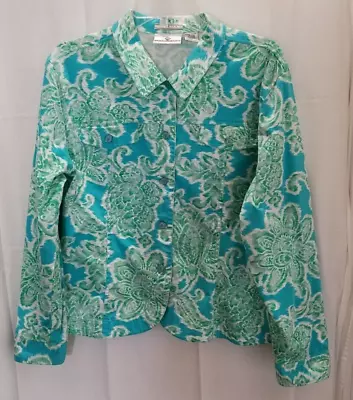 Erin London Stretch Button Down Blazer/blouse Bluewhite And Green Size Xl #3317 • $14.99