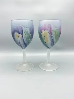 Rueven Art Nouveau Wine Glasses Frosted Pastel Swirl Glass Hand Painted Set 2 • £32.78