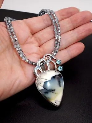 Vintage 90's Sterling Opal Agate Pendant Signed SJ 925 With Beaded Necklace 17.5 • $22.99