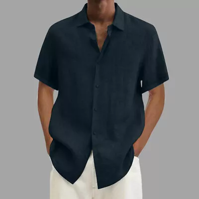Mens Shirt Summer T-Shirt Beach Holiday Casual Short Sleeve Plain Button-up Tops • £10.89