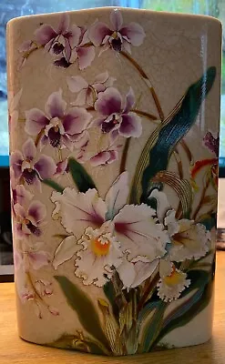 Beautiful Japanese Vase 7  X 5  Painted Orchids In Purple Lavender & Yellow • $20