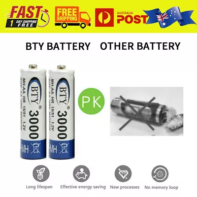 2-8Pcs BTY 3000mAh AA Rechargeable Battery Recharge NI-MH Authentic Batteries • $5.99