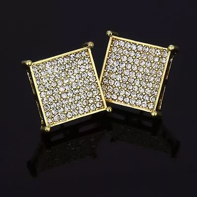 14k Gold Plated Micro Pave TC Cubic-Zirconia Square Screw Back 9 Row Earrings • $12.99