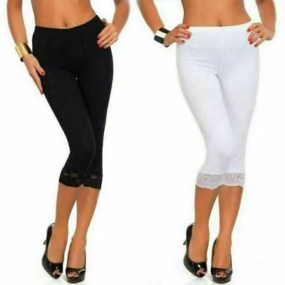 Women Ladies Capri Soft 3/4 Cropped Lace Trim Leggings Stretchy Cropped Pants • £5.99