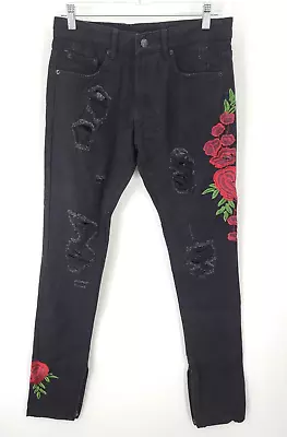 Young & Reckless Jeans Womens 29 Black Denim Floral Embroidered Distressed Y2K • £20.24