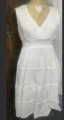 NWT Women Eyelet Tier White Swing Vneck Elastic Waist Dress Summer Cotton • $9.99