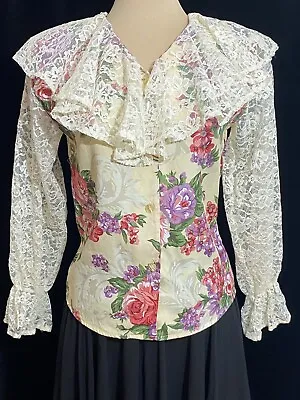 Vintage 1980’s Cottagecore Full Lace Sleeves Collar Floral Blouse Prairie XS/M • $24
