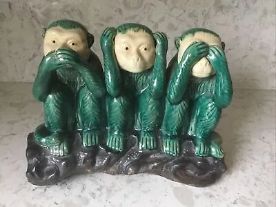 Majolica 3 Wise Monkeys See Hear Speak No Evil  Statue 12” W X 9” T • $74.95