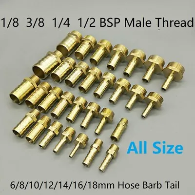 2Pcs Brass Joint 1/8 1/4 1/2 3/8 BSP Male Thread*6mm-16mm OD Hose Barb Tail • £5.44