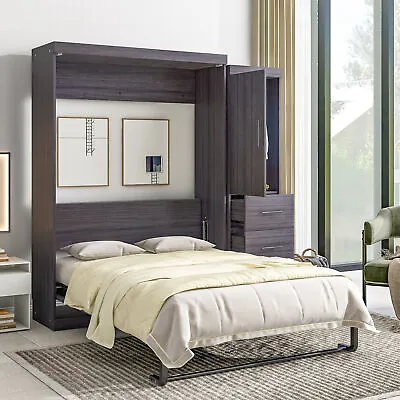 Modern Full Size Murphy Bed With Wardrobe And Storage Drawers Space Saving Gray  • $1355.44