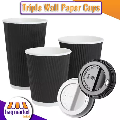 Disposable Triple Wall Ripple Paper Coffee Takeaway Cups - Black Hot Tea Lids • £11.25