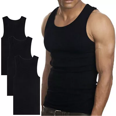 Mens Bodybuilding Tank Top A-Shirt Wife-Beater Slimming Undershirt Ribbed Black • $6.98