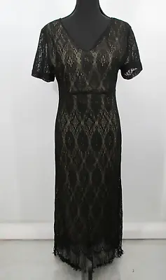 NWT OPERA Maxi Evening Dress Women Medium Black Lace Fringe Hem Cocktail USA VTG • $29.98