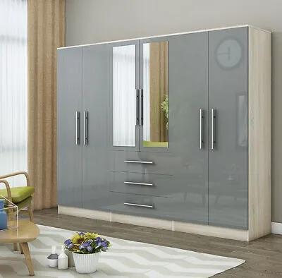 High Gloss Grey 6 Door Modern Mirrored Fitment Wardrobe With 3 Drawers • £469.99