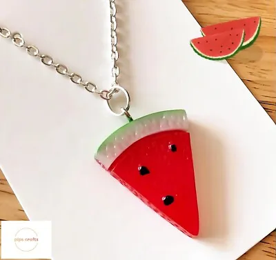 Quirky Fun Watermelon Fruit Necklace - 18 Inch Silver Chain Handmade Jewellery • £3.95