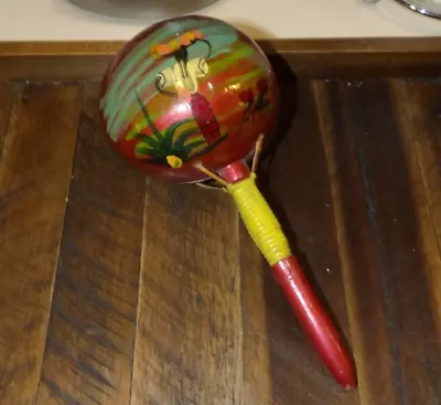 Red Hand Painted MARACA * Mexico * Souvenir Gourd Wooden Shaker • $6.50