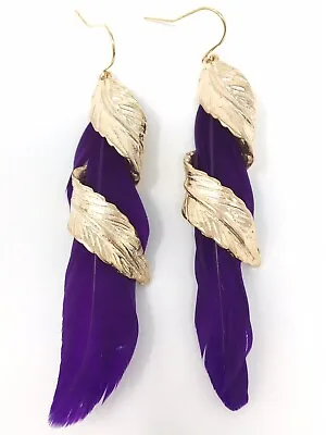 E210 Yellow Gold Plated Leaf With Purple Feather Chandelier Drop Earrings • £8.60