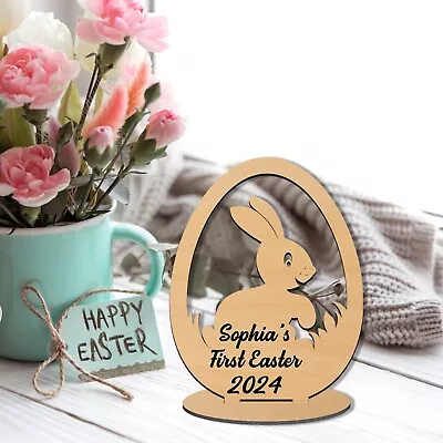 Baby's First Easter Egg Bunny Rabbit Wooden Standing Decor Personalised Gifts • £4.87