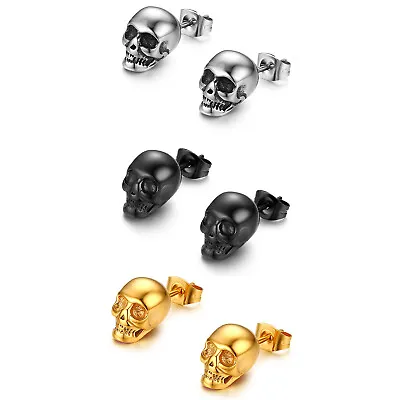 Mens Punk Glossy Stainless Steel Skeleton Skull Head Piercing Stud Earrings 18g • $9.99