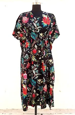 Indian Cotton Black Floral Printed Kaftan Dress Women's Clothing Kaftan Dress AU • $33.75