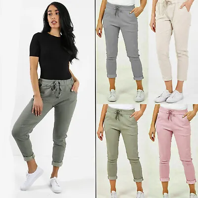 Women's Ladies Italian Stretch Plain Magic Comfy Lagenlook Trousers Joggers Pant • £10.89