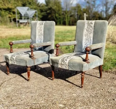 £479.99 • Buy Pair Of Antique Victorian Wooden Fireside Lounge Chairs - Upholstered -Edwardian