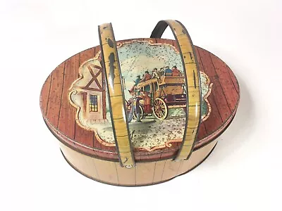 Tin YE OLDE INN DUTCH MAID BISCUIT OVAL TIN W Handles Sewing Picnic Lunch Basket • $18