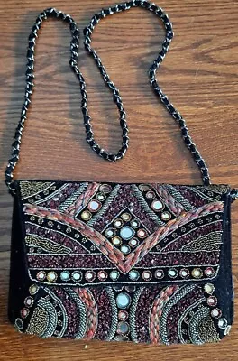$24.79 • Buy Zara Crossbody Clutch Bag Beaded Black Steel Chain Embellished Boho Mirror New