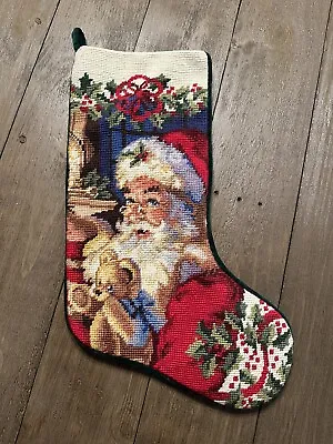 Vintage Needlepoint Christmas Stocking Santa Teddy Bear 19” • $29