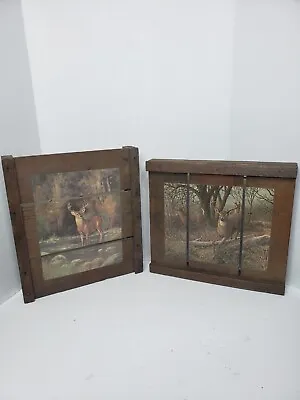 Vintage Rustic Wooden Deer Picture Wall Hanging Decor W/wire Hangers Lot Of 2 • $24.99