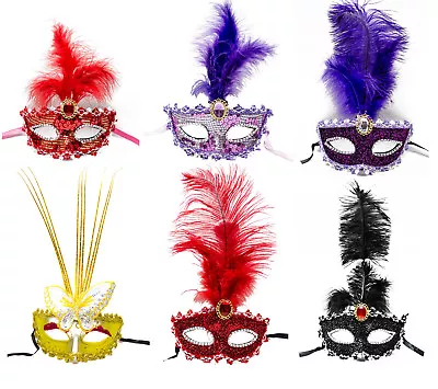 Masquerade Feather Mask 6 Pack Bulk Butterfly Fancy Dress Eye  Ball Masks • £20.97