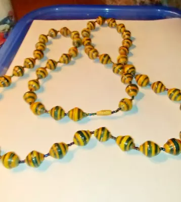 Vintage Handmade Wood & Glass African Beaded Necklace Black & Yellow 40'' Long • $14.50