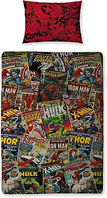 Single Bed Marvel Comic Covers Duvet Cover Set Thor Hulk Iron Man Blue Green Red • £16.99