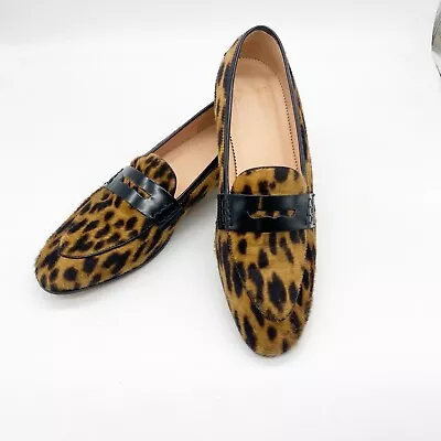 J Crew Women's Academy Penny Loafers Leopard Print Calf Hair Size 8.5 • $38.99