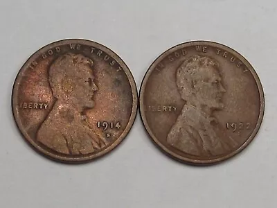 2 Better Date Lincoln Wheat Pennies: 1914-S VG & 1922-D F/VF.  #22 • $23.97