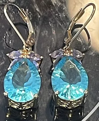 Tanzanite & Paraiba Neon Apatite Signed Sts Sterling Silver Gold Wash Earrings • $34.95