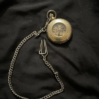 MAJESTI SKELETON POCKET WATCH & CHAIN GOLD TONE 17 JEWEL Cracked • $35