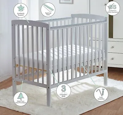 Baby Grey Compact Cot With 3 Adjustable Height Position & Water Resistant Cover • £96.49