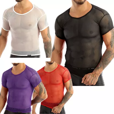 UK Men Mesh Short Sleeve T-Shirt Muscle Tops See Through Underwear Gym Tank Vest • £5.49